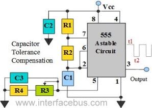 Graphic 555 IC Astable multivibrator circuit schematic with Capacitor Tolerance Adjustment