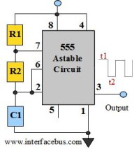 Graphic 555 IC Astable multivibrator circuit schematic