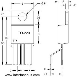 TO-220 Transistor Package drawing, 7-Terminal front and back view