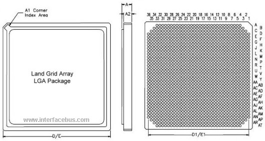 Land Grid Array Package Drawing, Top, side, bottom views
