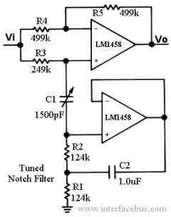 Notch Filter using a LM1458 Operational Amplifier