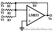 Active Adder using an LM833 Operational Amplifier