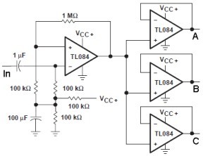 Audio range distribution amplifier using a TL084 operational amplifier