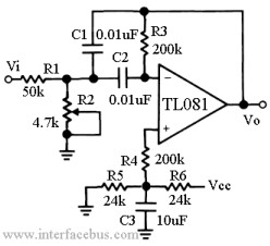 Second Order Band-Pass Filter using a TL081 Operational Amplifier