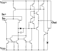 Internal schematic of a FET input TL074 operational amplifier